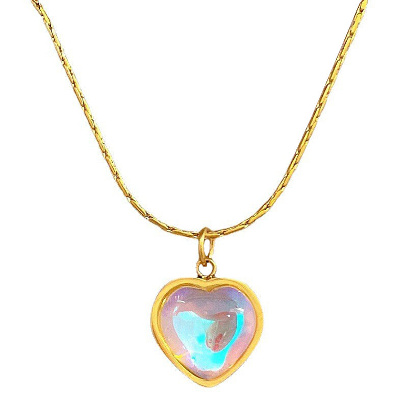 Minimalist Titanium Steel Heart Pendant Collar Chain Floral Accent Necklace