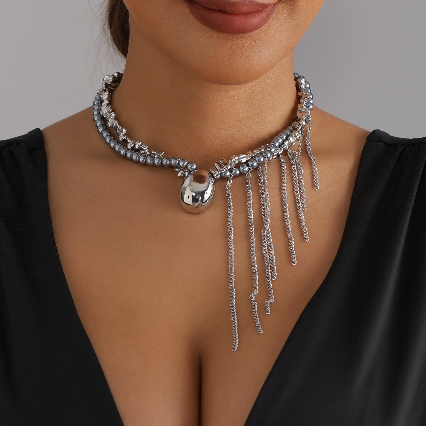 Minimalist Geometric Oval Alloy Plated Ball Chain Necklace with Tassel Multi-Layer Statement Piece for Women