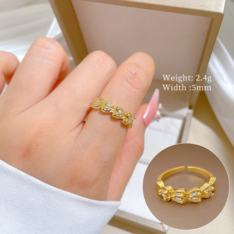 Minimalist Geometric Gold-Plated Brass Open Ring for Women with Crown Shape and Rhinestone Inlay