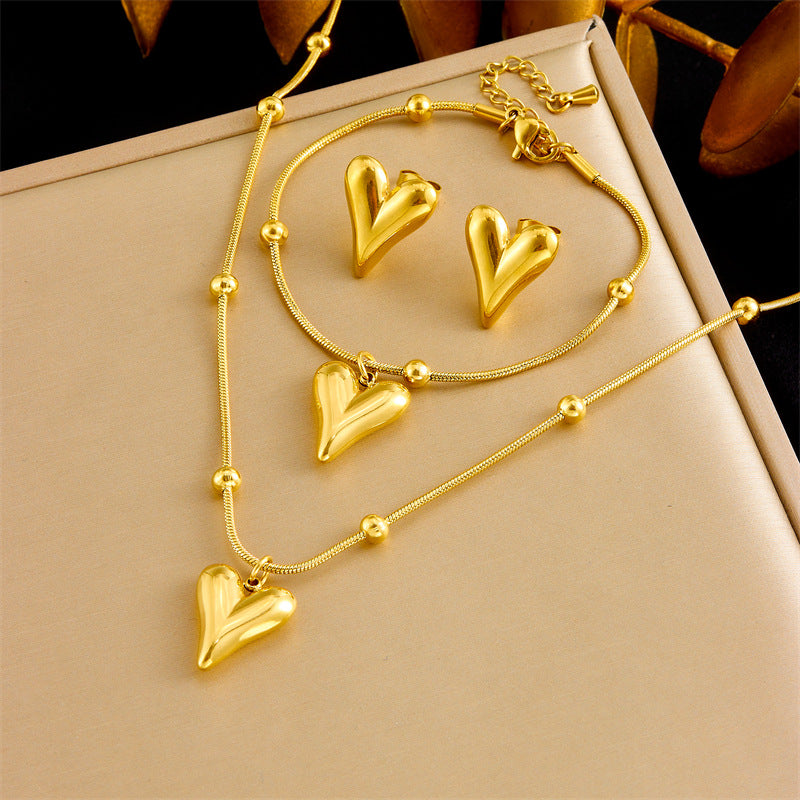 Elegant Minimalist Stainless Steel Plated Snake Chain Heart Teardrop Pendant Jewelry Set for Women