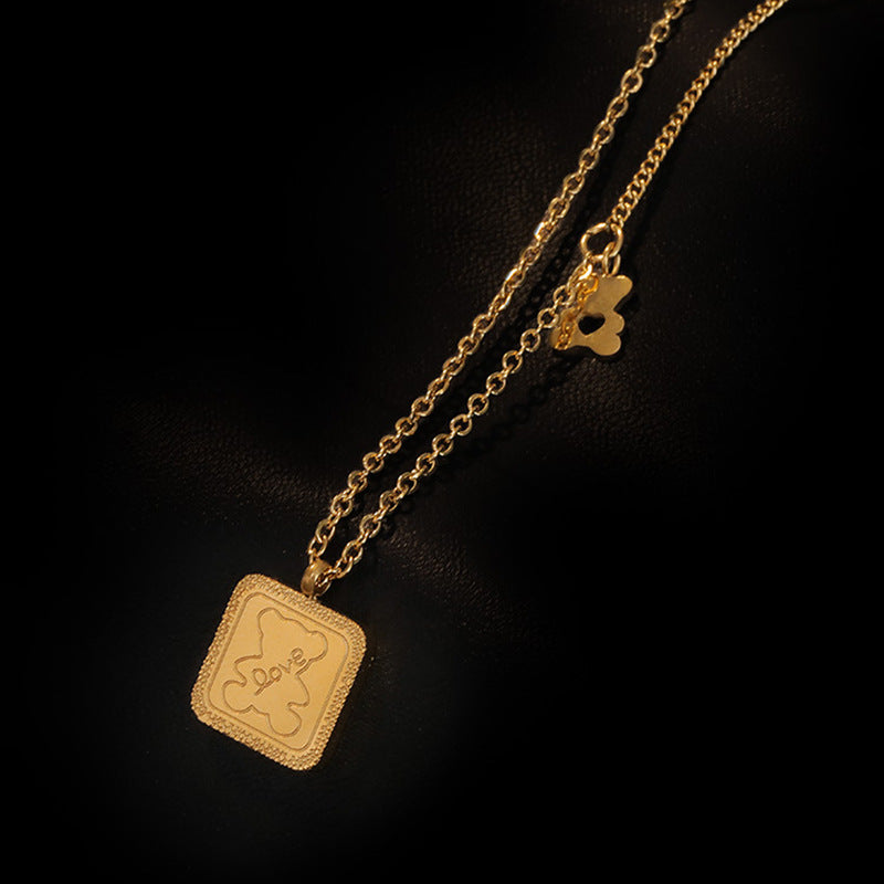 Minimalist Cute Bear Pendant Necklace in Titanium Steel with Vacuum Plating on AB Chain for Women