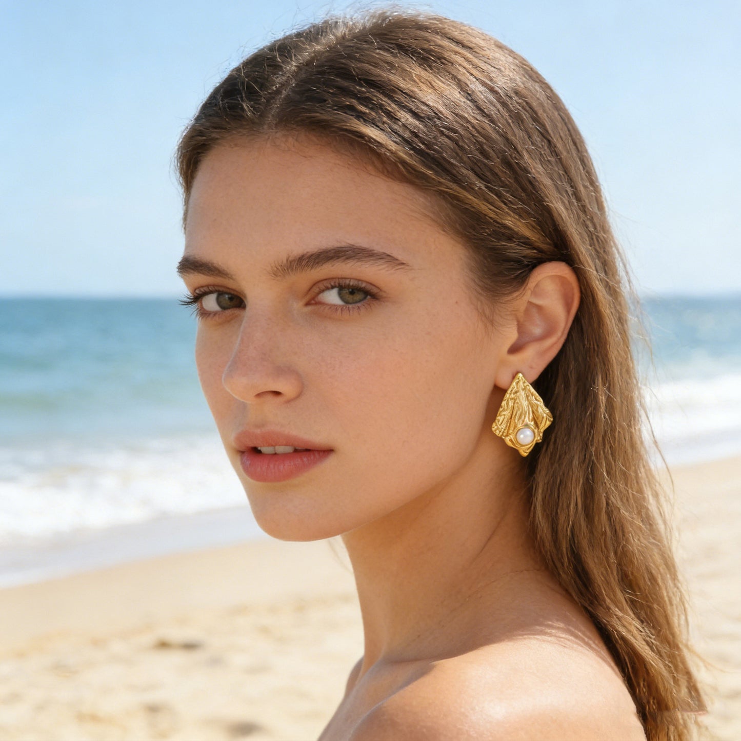 Geometric Stainless Steel Pearl Inlay Stud Earrings for Women