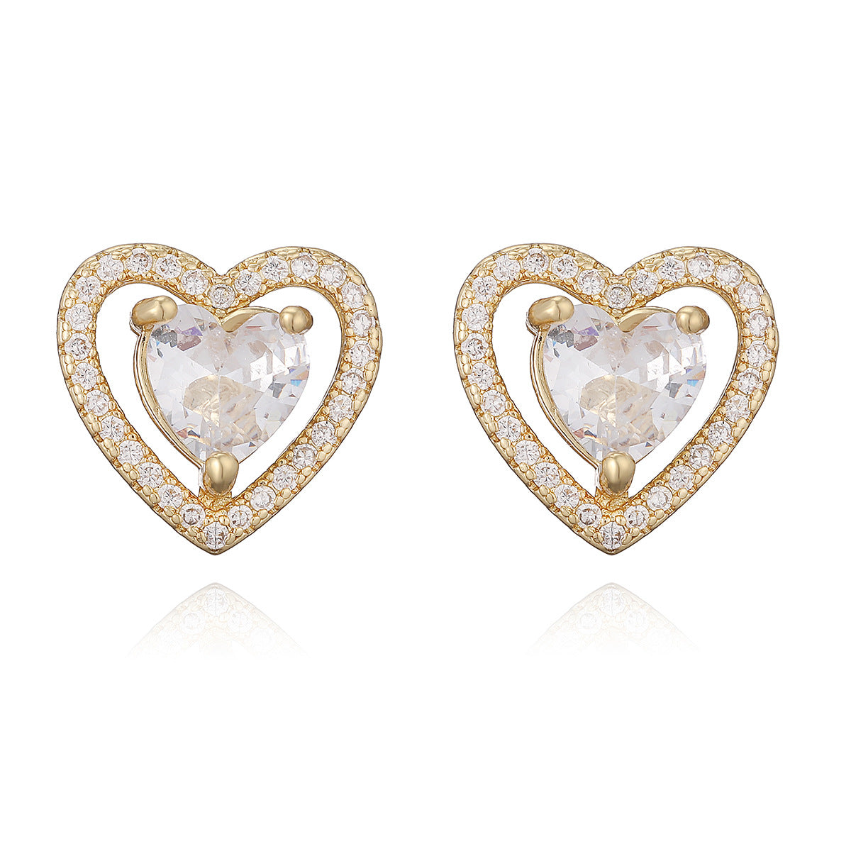 Vintage Elegant 18K Gold Plated Brass Heart Starfish Geometric Cubic Zirconia Stud Earrings for Women