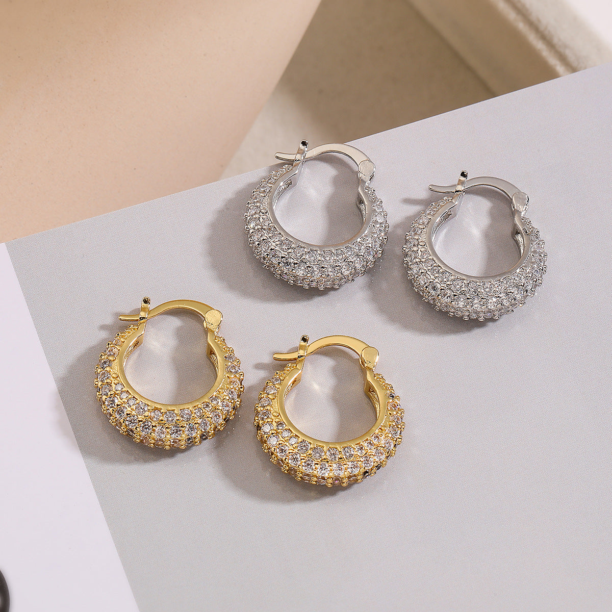 Minimalist Geometric Copper Earrings with Gold Plating and Zirconia Accents for Women