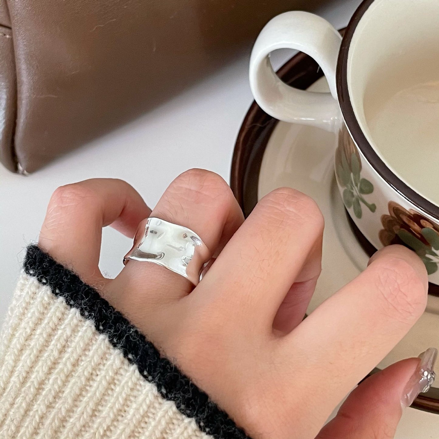 Minimalist 925 Sterling Silver Geometric Wide Wavy Ring for Women