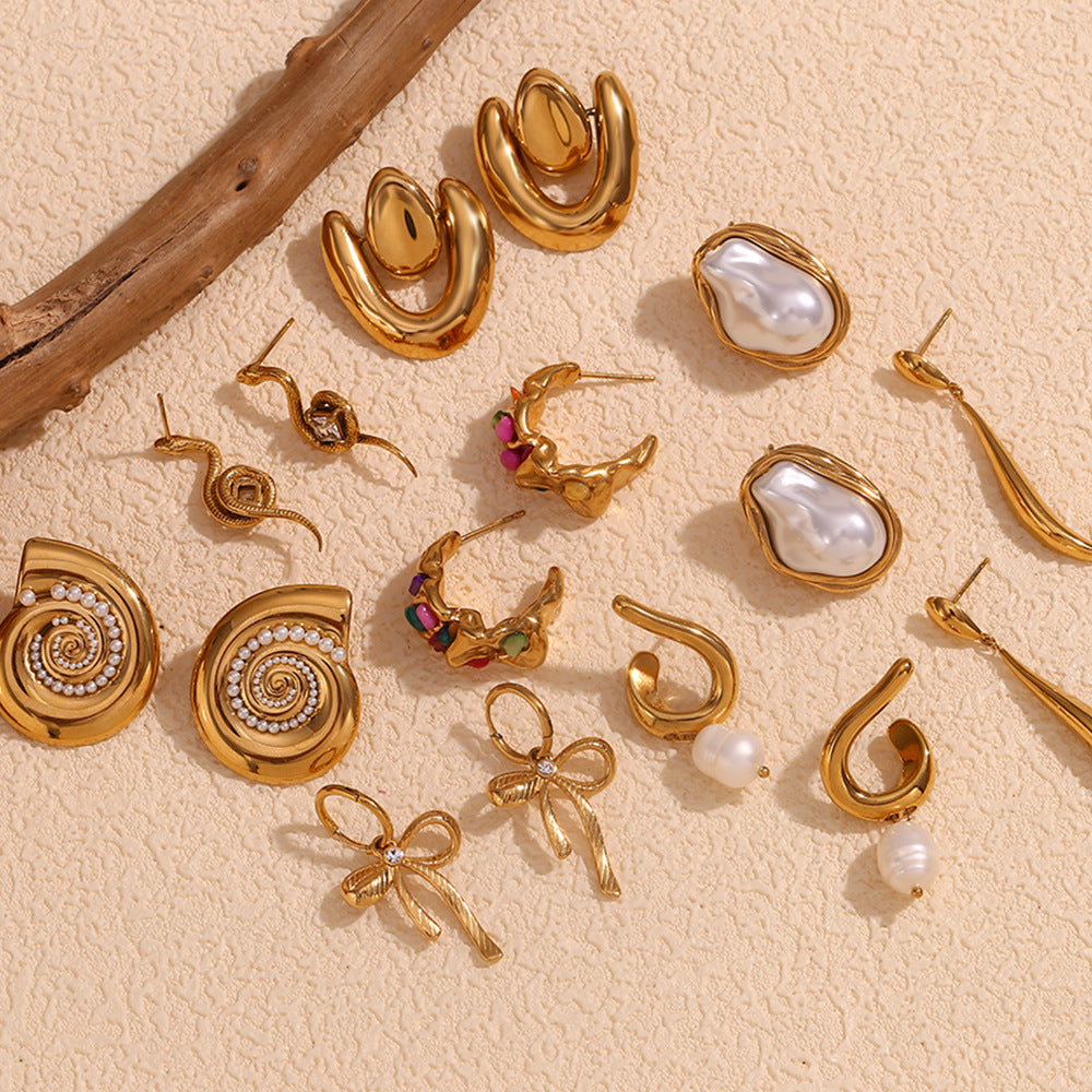 Geometric Irregular Fashion Earrings in Stainless Steel with 18K Gold Plating Featuring Spiral Seashell Design and Simulated Pearl Accents