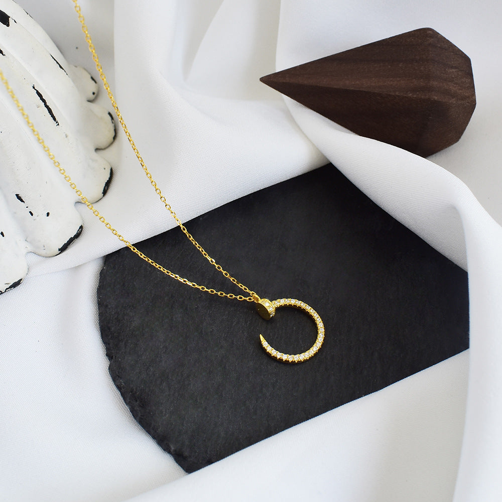 Minimalist Geometric Titanium Steel Nail Necklace for Women with Rhinestone Inlay and Cross Chain