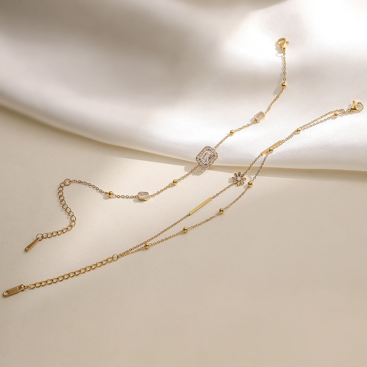 Minimalist Luxury 18K Gold Plated Geometric Stainless Steel Bracelet with Cubic Zirconia for Women