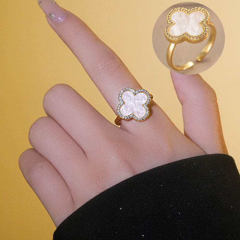Minimalist Four-Leaf Clover Ring for Women in Copper with 18K Gold Plating and Micro-Pave Zirconia