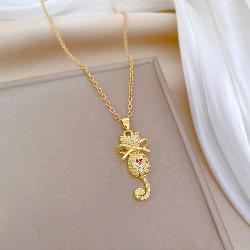 Minimalist Cat Bowknot Pendant Necklace for Women Stainless Steel Chain with Rhinestone Accents Lightweight Elegant Clavicle Necklace