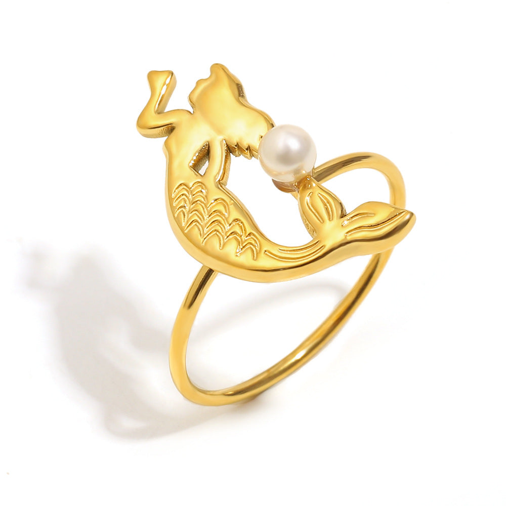 Minimalist Geometric Stainless Steel Ring with 18K Gold Plating and Pearl-Like Accents for Women