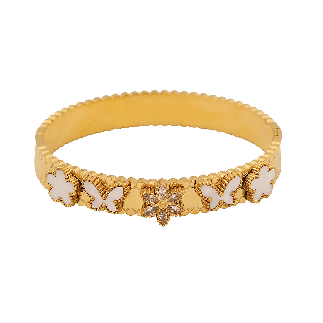 Braccialetto alla moda in stile OL con farfalla, motivi a cuore e floreali, bracciale in acciaio inossidabile galvanizzato