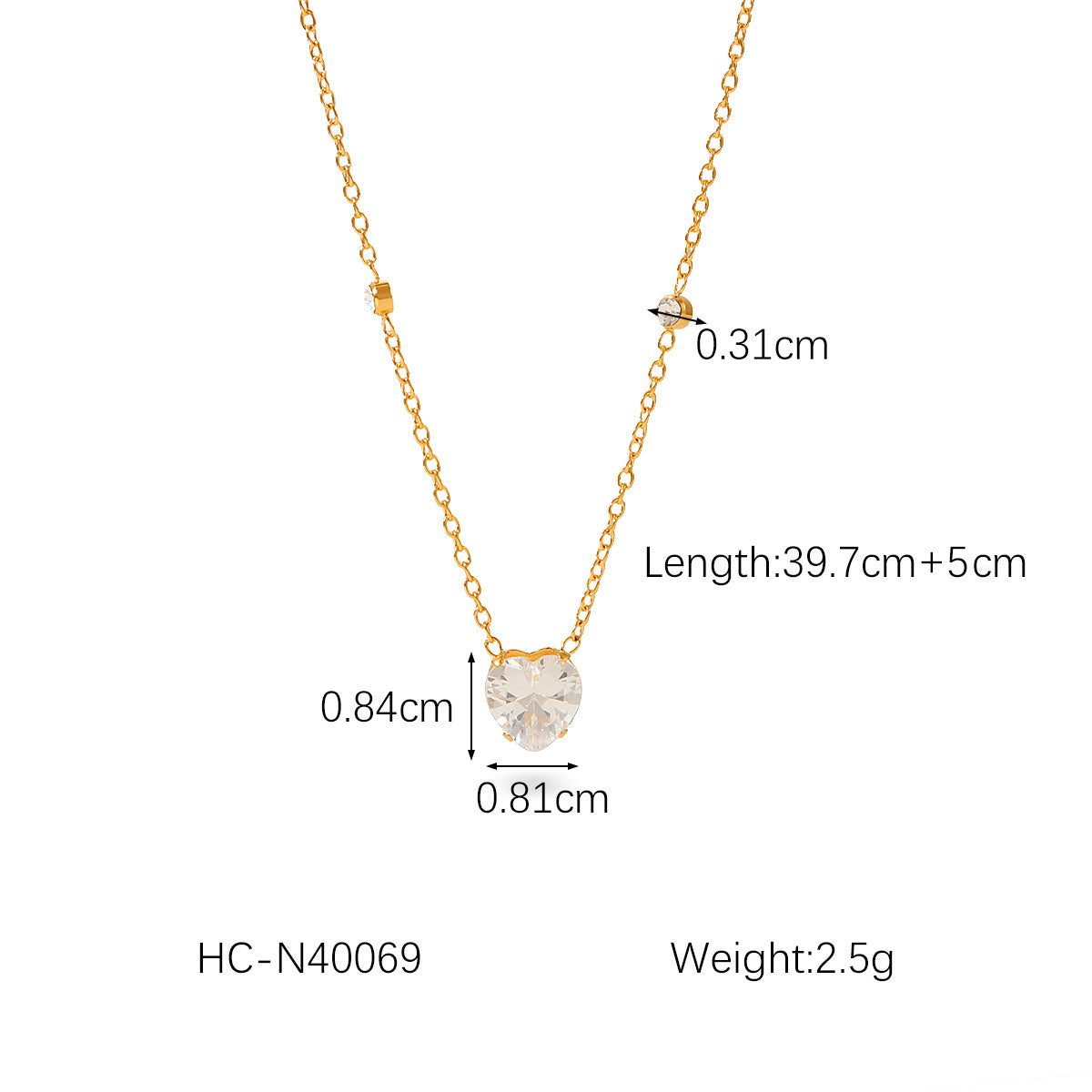 INS Style Heart-Shaped Stainless Steel Necklace with 18K Gold Plating and Cubic Zirconia for Women
