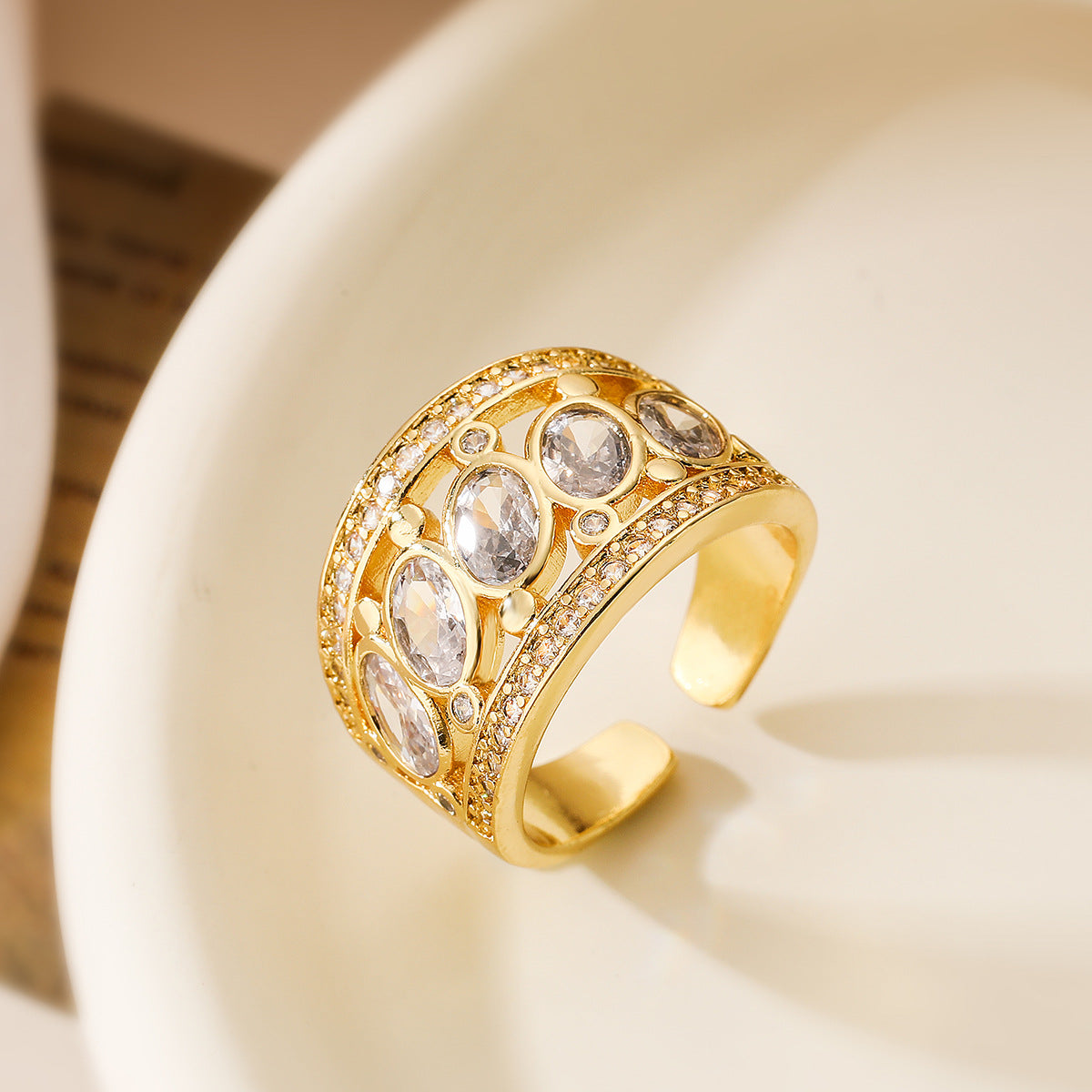 Minimalist Geometric Open Ring for Women Made of Brass with Real Gold Plating and Zircon Inlay