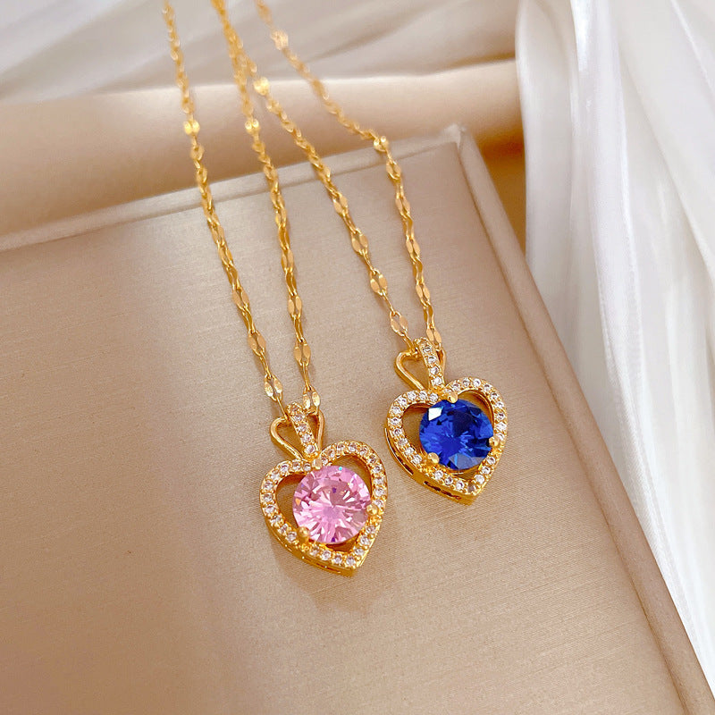 Collar con colgante de lujo de acero de titanio en forma de corazón para mujer con incrustaciones de diamantes de imitación, diseño geométrico, delicada cadena de clavícula