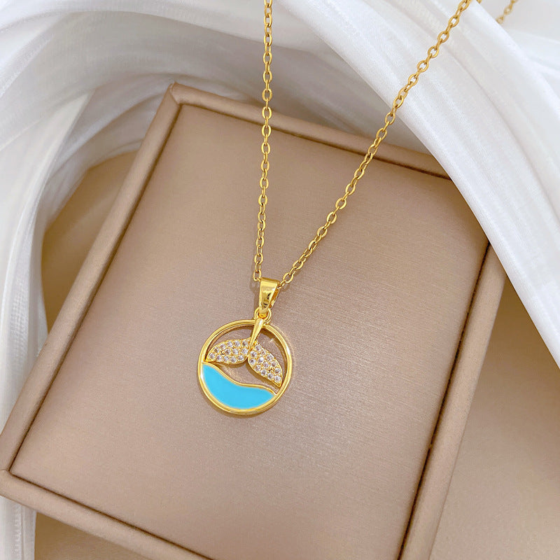 Sweet Minimalist Geometric Fish Tail Rhinestone Pendant Necklace Titanium Steel Cable Chain for Unisex
