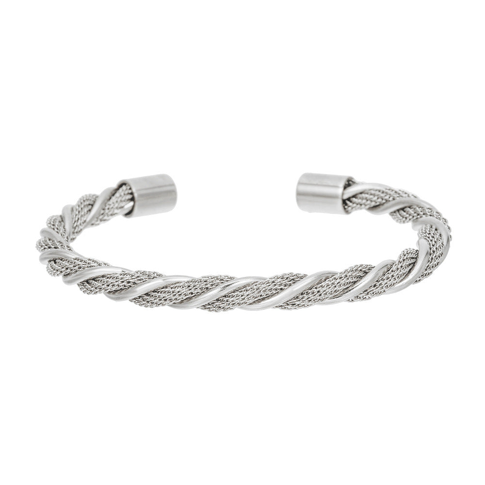 Adjustable Open-End Round Geometric Titanium Steel Stainless Steel Bracelet with Wire Winding Design