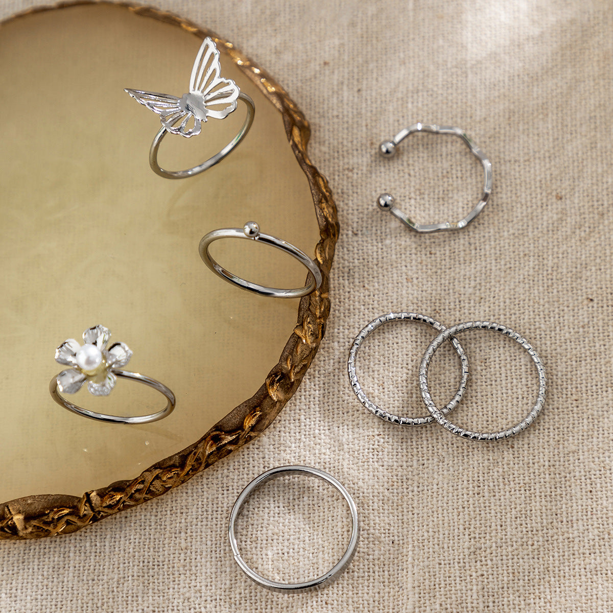 Sweet-Edgy Geometric Star Moon Cross Asymmetrical Ring Set with Paved Rhinestones in Alloy for Women