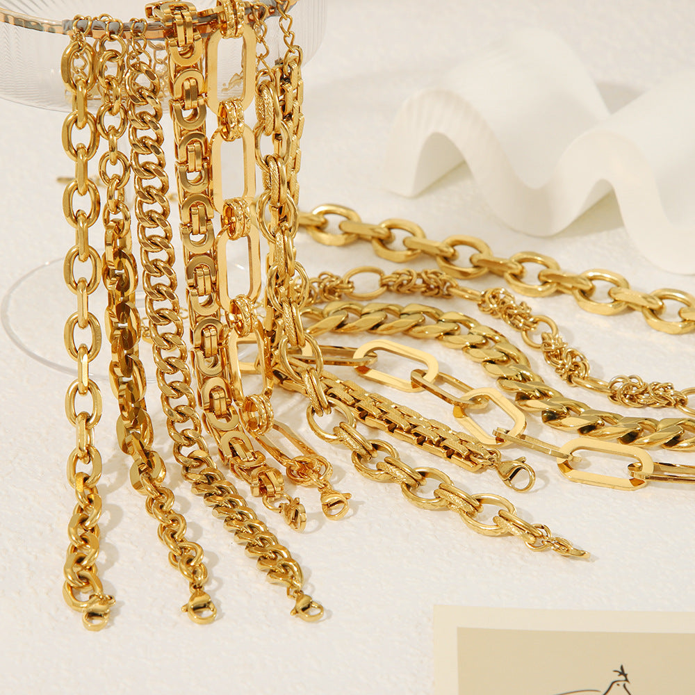 Punk Style Geometric Stainless Steel Bracelet with Thick Chain Design and 24K Gold Plated Finish