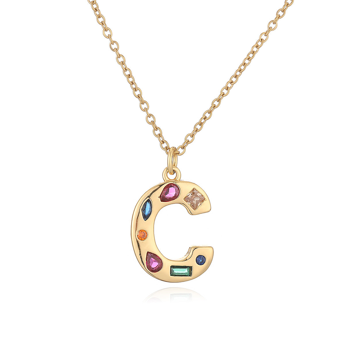 Minimalist Letter Shape Copper Pendant Necklace with 18K Gold Plating and Colored Zircon Inlay for Women