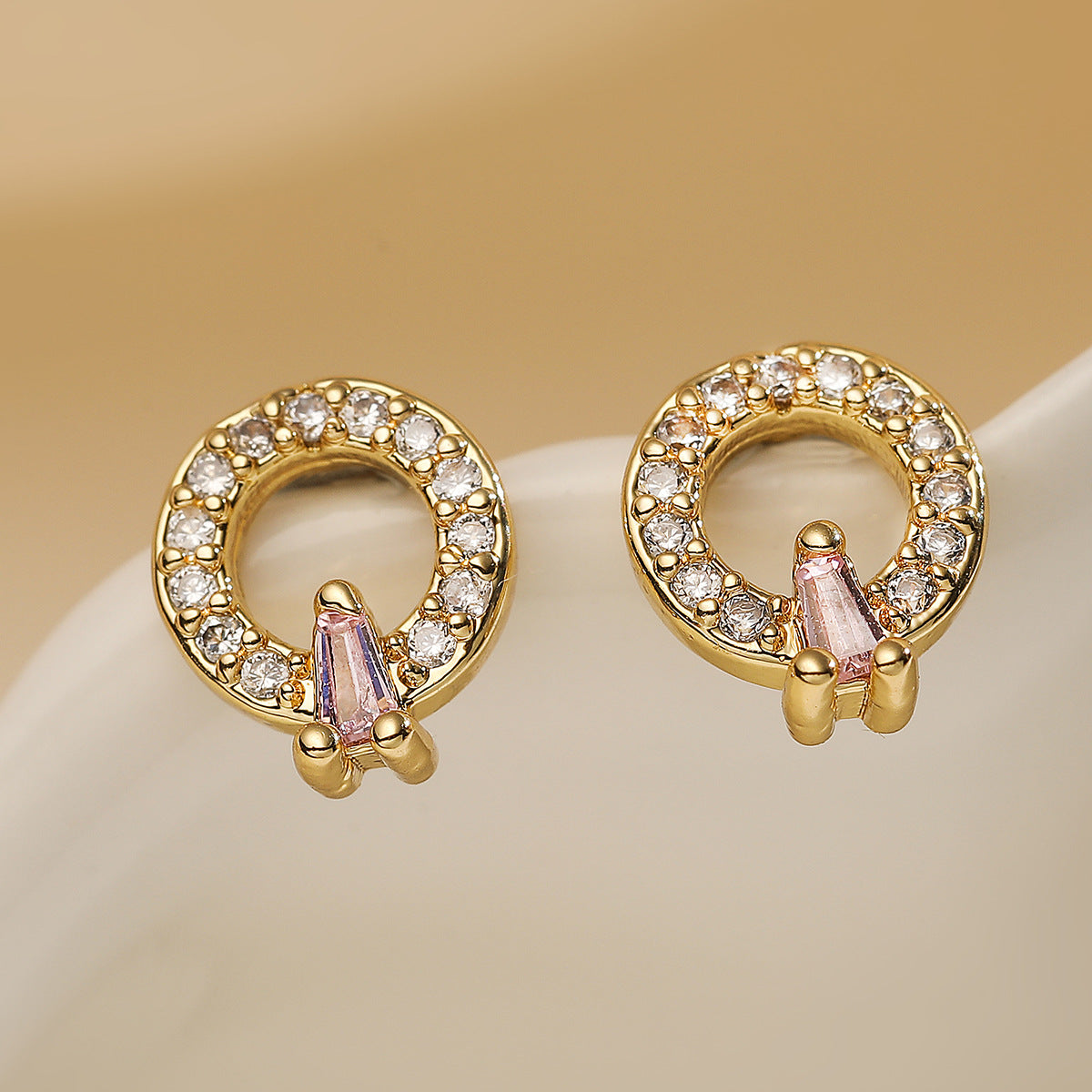 Minimalist Geometric Brass 18K Gold Plated Cubic Zirconia Inlay Stud Earrings for Women