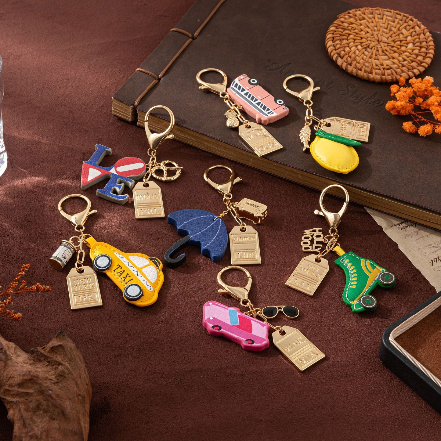 Minimalist Rainbow Plated Alloy Keychain with Pearl Ice Skate Umbrella Charms DIY Charm Bar