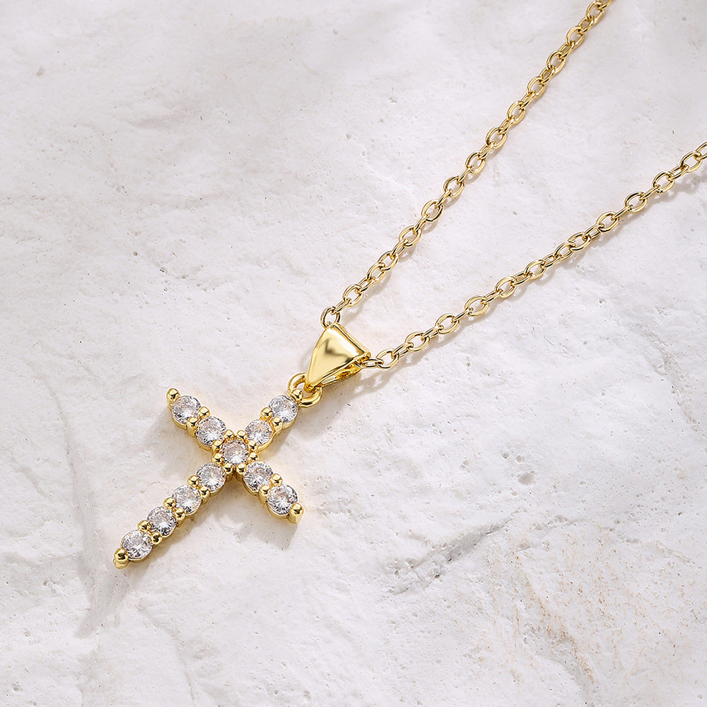 Minimalist Geometric Cross Pendant Necklace for Unisex, Copper Plated with Rhinestone Inlay, O-Chain Style, Fashionable Commuting Jewelry