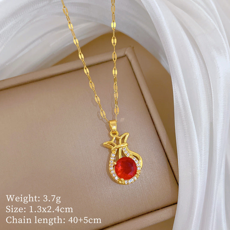 Sweet Luxury Geometric Red Lucky Bag Rhinestone Pendant Necklace Titanium Steel Cable Chain for Unisex