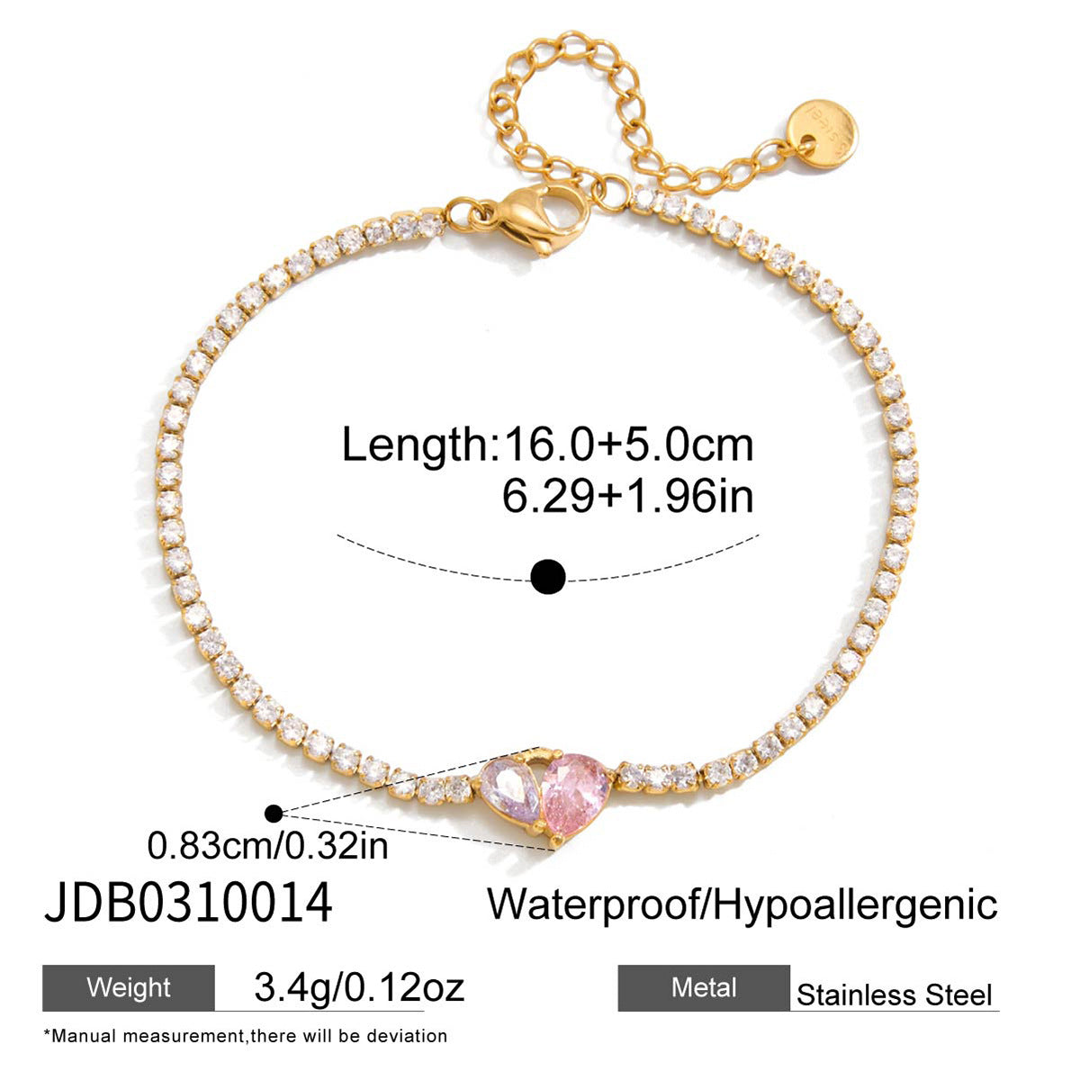 Elegante bracciale geometrico a cuore in acciaio inossidabile placcato con zirconi cubici da donna