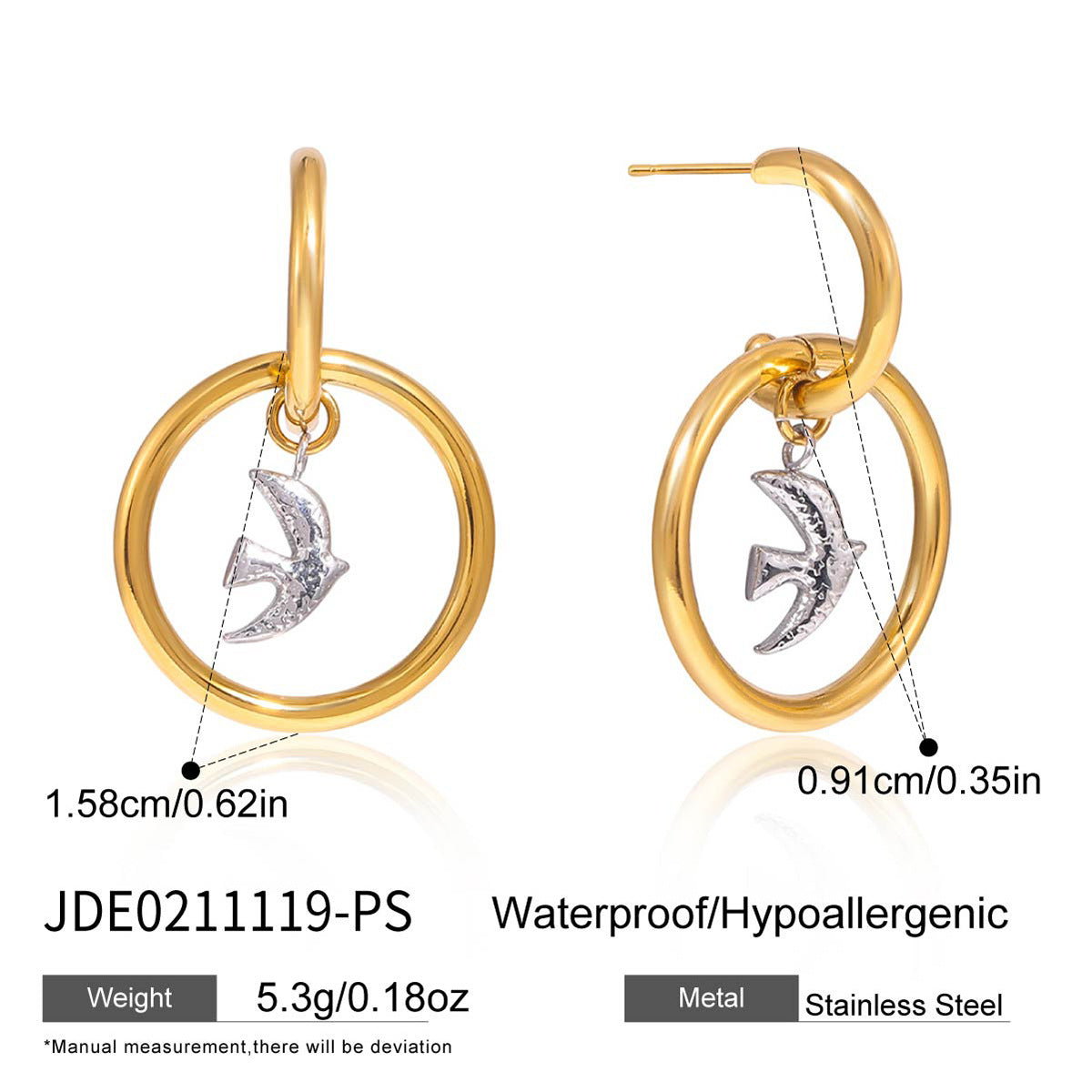 Stainless Steel Plated Dove Bird Hoop Earrings for Women