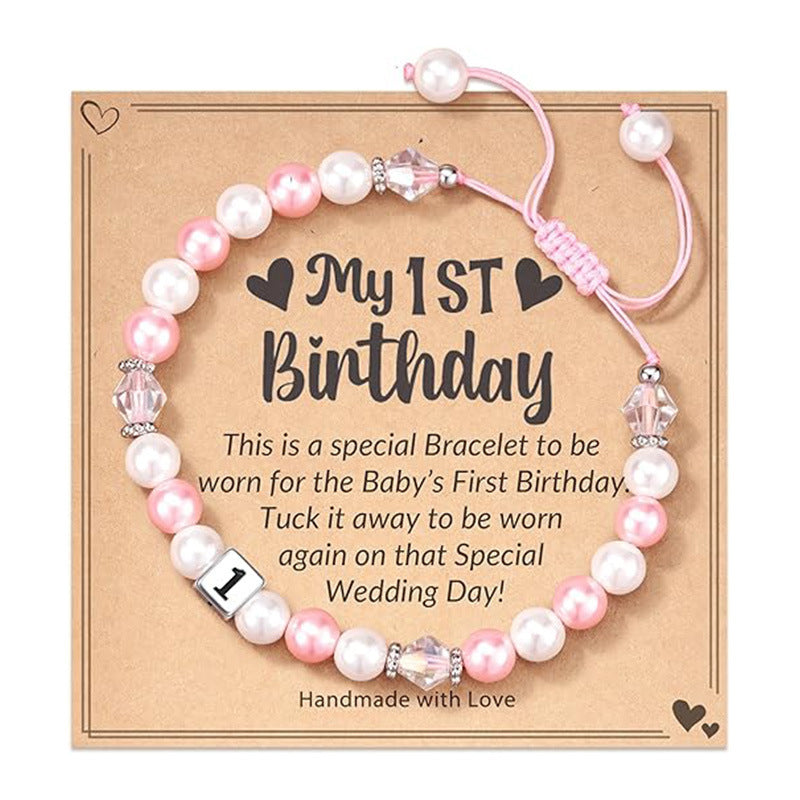 Sweet Stainless Steel Number Letter Handmade Woven Pearl Bracelet for Women