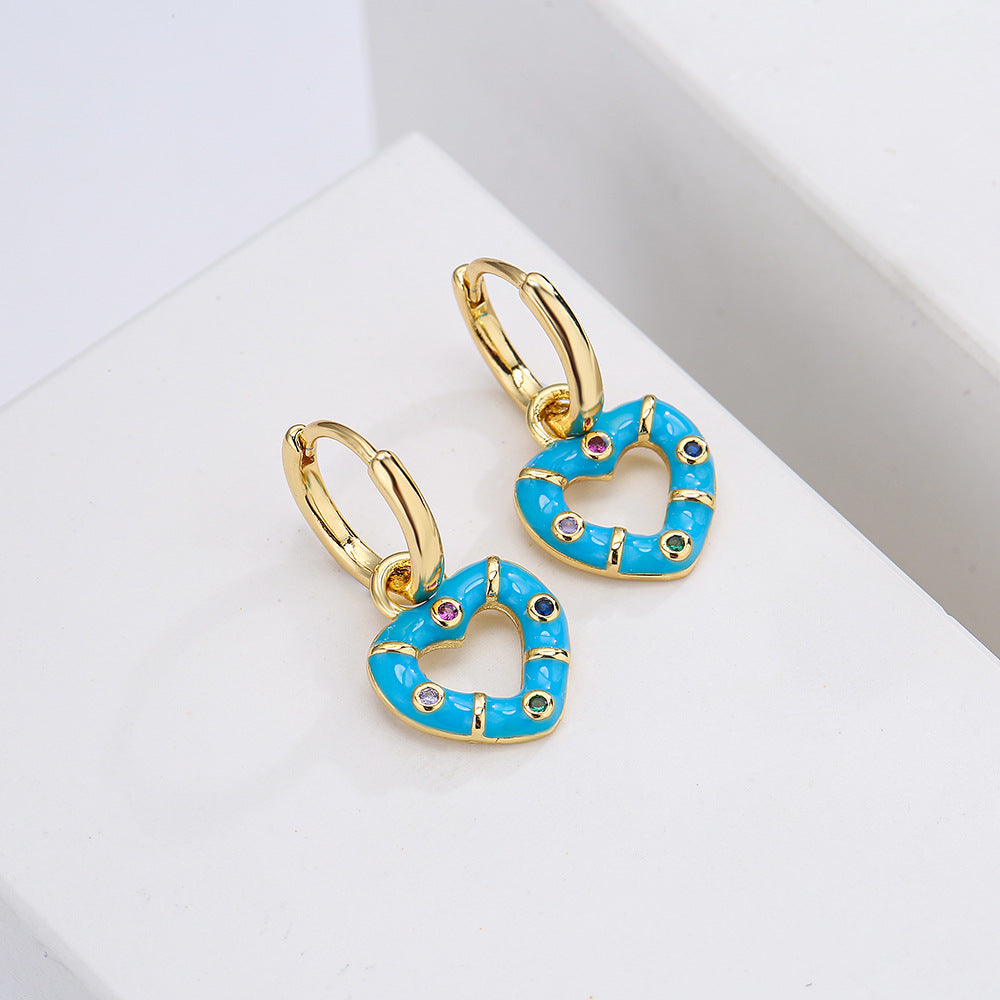 Bohemian Style Geometric Copper Earrings with Gold Plating and Enamel Heart Accent for Women