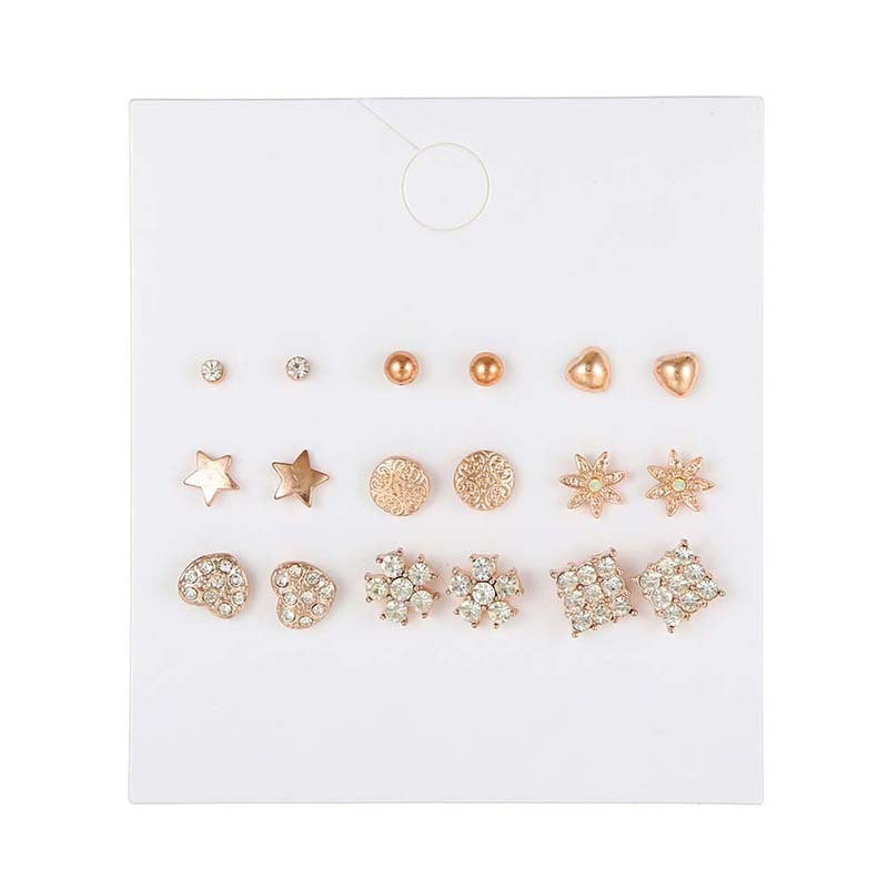 Vintage Sweet Heart Geometric Floral Rhinestone Inlay Alloy Stud Earrings Set