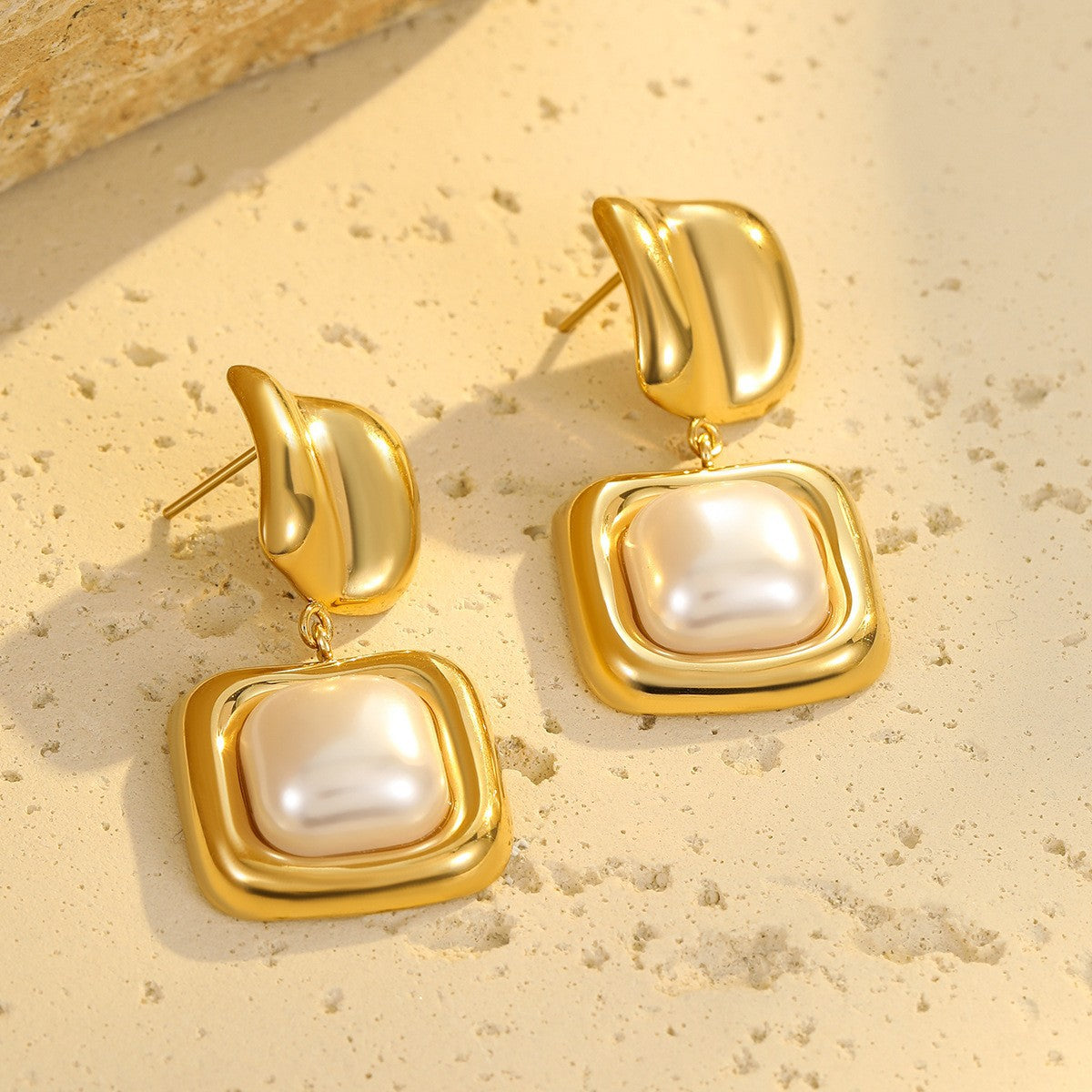 Elegant French-Style Baroque Pearl Earrings in Stainless Steel with Floral and Geometric Design, Electroplated Finish for Women
