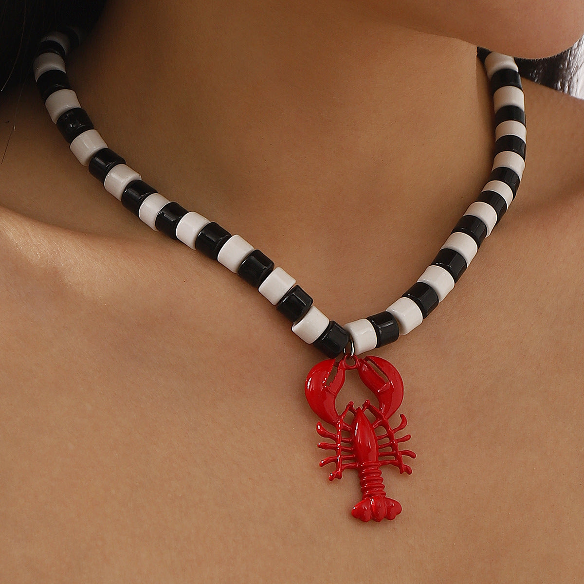 Red Lobster Pendant Necklace for Women, Alloy with Enamel Finish, Animal-Shaped, Summer Beach Vacation Jewelry, Unique and Trendy Design