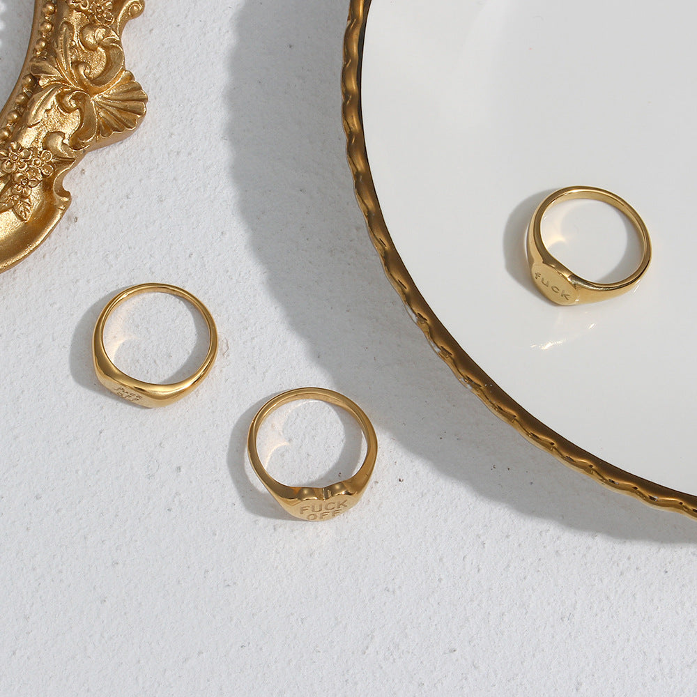 Anillo de letras minimalista de acero inoxidable chapado en oro de 18 quilates para mujer, joyería de moda para viajeros