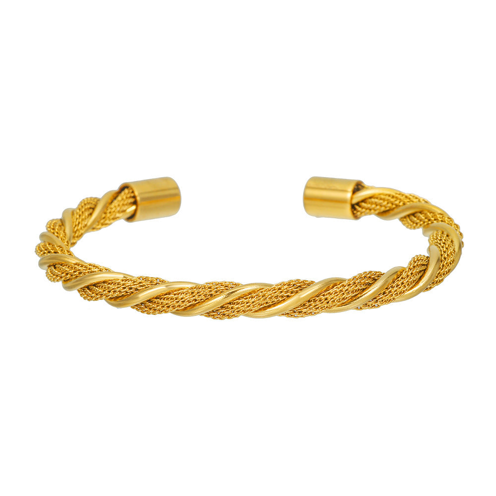 Adjustable Open-End Round Geometric Titanium Steel Stainless Steel Bracelet with Wire Winding Design