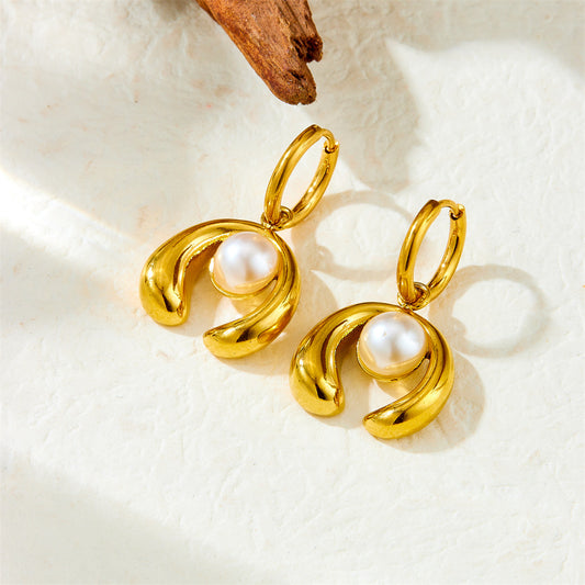Elegant Business Gold Plated Horseshoe Stainless Steel Pearl Drop Earrings for Women