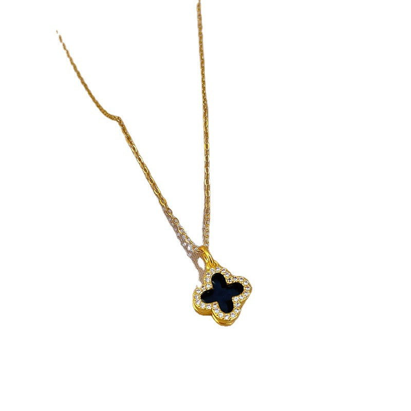 Four-Leaf Clover Rhinestone Pendant Necklace for Women Titanium Steel Irregular Chain Shell Locket Floral Style