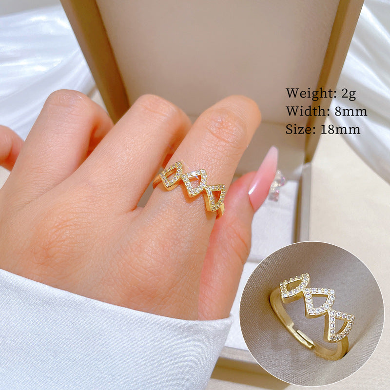Minimalist Geometric Gold-Plated Brass Open Ring for Women with Crown Shape and Rhinestone Inlay
