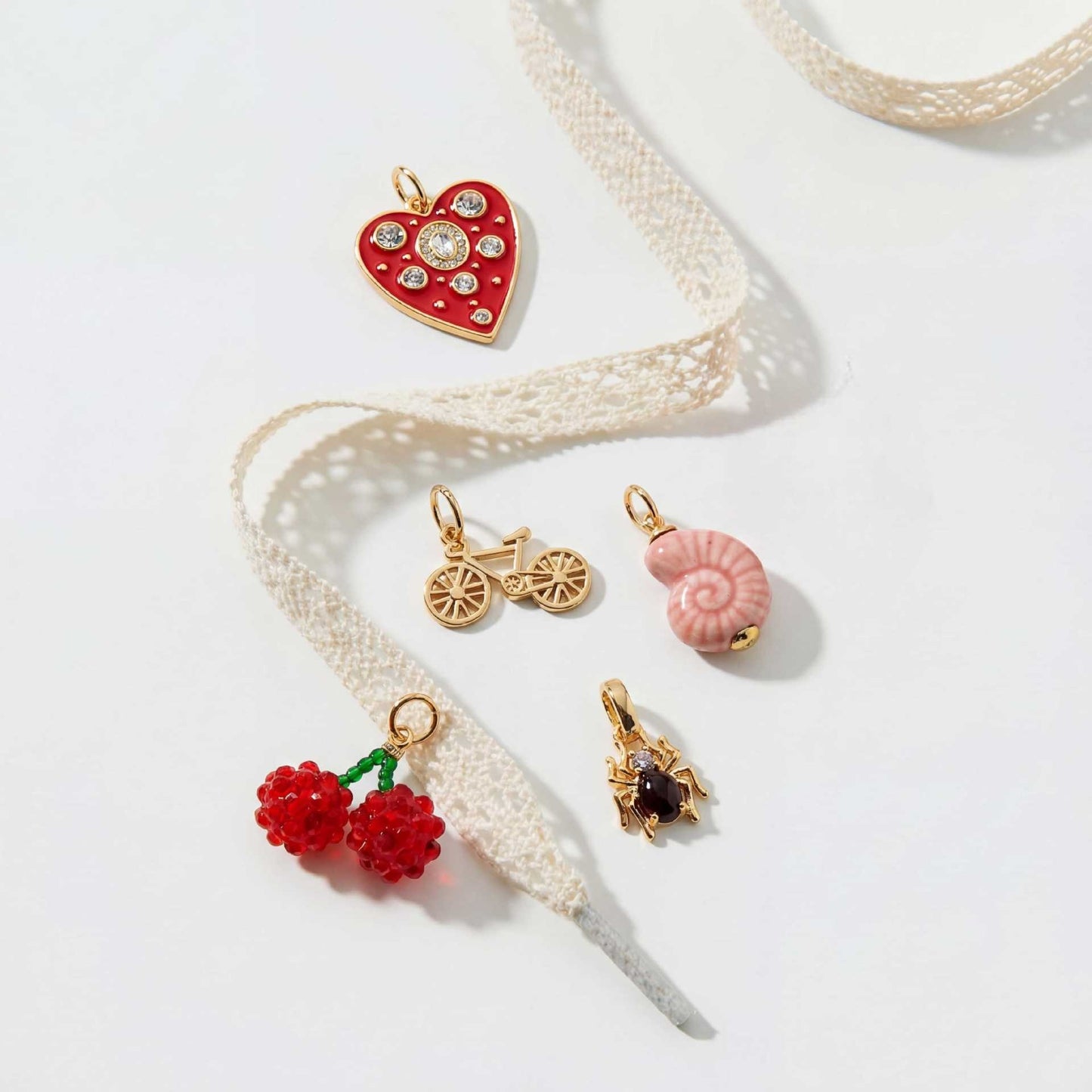 Sweet Vintage Heart Teardrop Cherry Pearl Lace Trim Brass Plated Shoe Charm Pendant