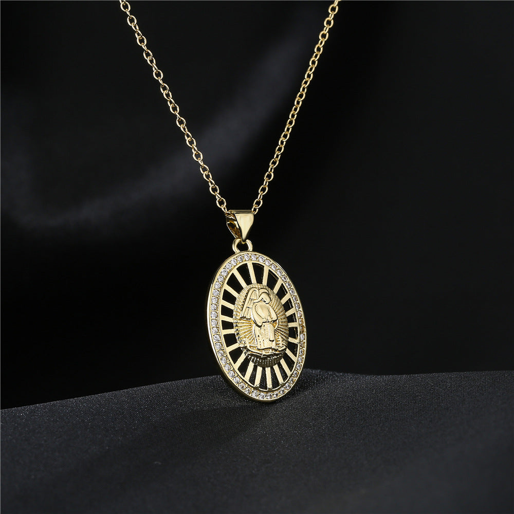 18K Gold Plated Geometric Brass Necklace with Micro-Inlaid Cubic Zirconia Pendant on Cable Chain