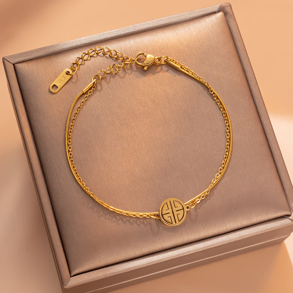 Bracciale da donna minimalista con ciondolo a doppio strato con carattere cinese portafortuna in acciaio al titanio con finitura galvanica