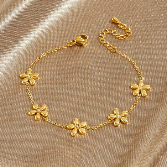 Minimalist Sweet Gold Plated Stainless Steel Rhinestone Floral Pendant Chain Bracelet