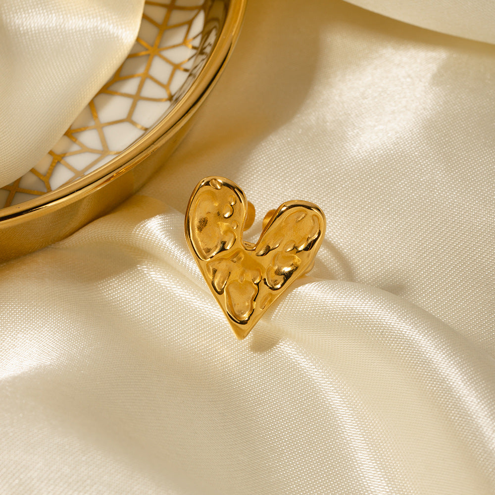 18K Gold Plated Stainless Steel Hammered Heart Ring Double-Sided Geometric Women's Jewelry