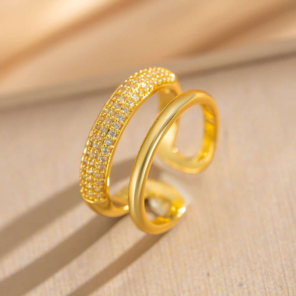 Luxury Minimalist Adjustable Open Ring for Women with Gold-Plated Copper Band and Zircon Stone Accent in Heart and Floral Shape