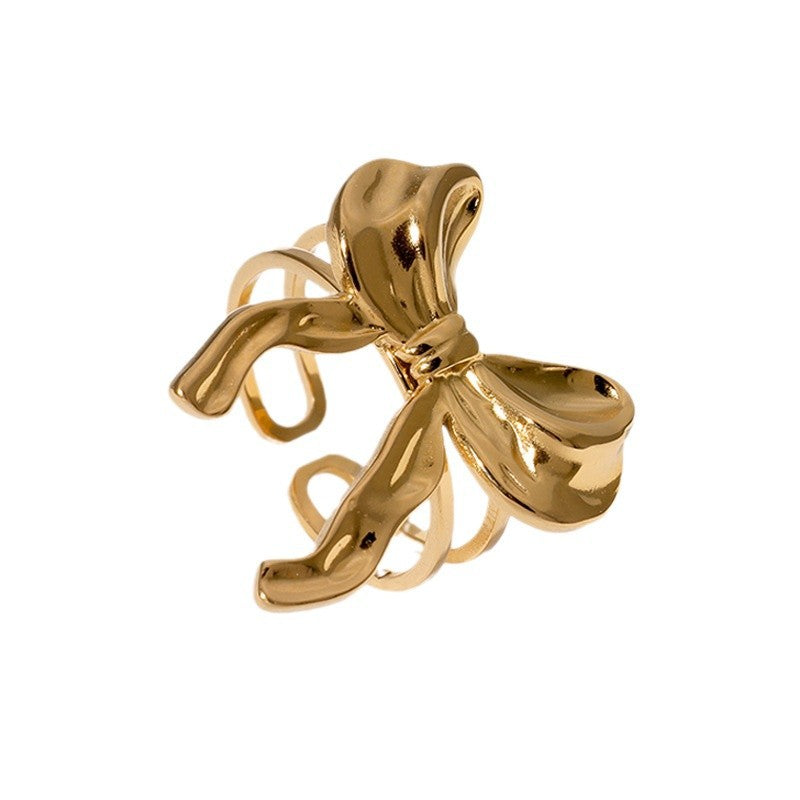 Anello da donna minimalista dolce a forma di fiocco in acciaio inossidabile con finitura placcata, fascia aperta regolabile