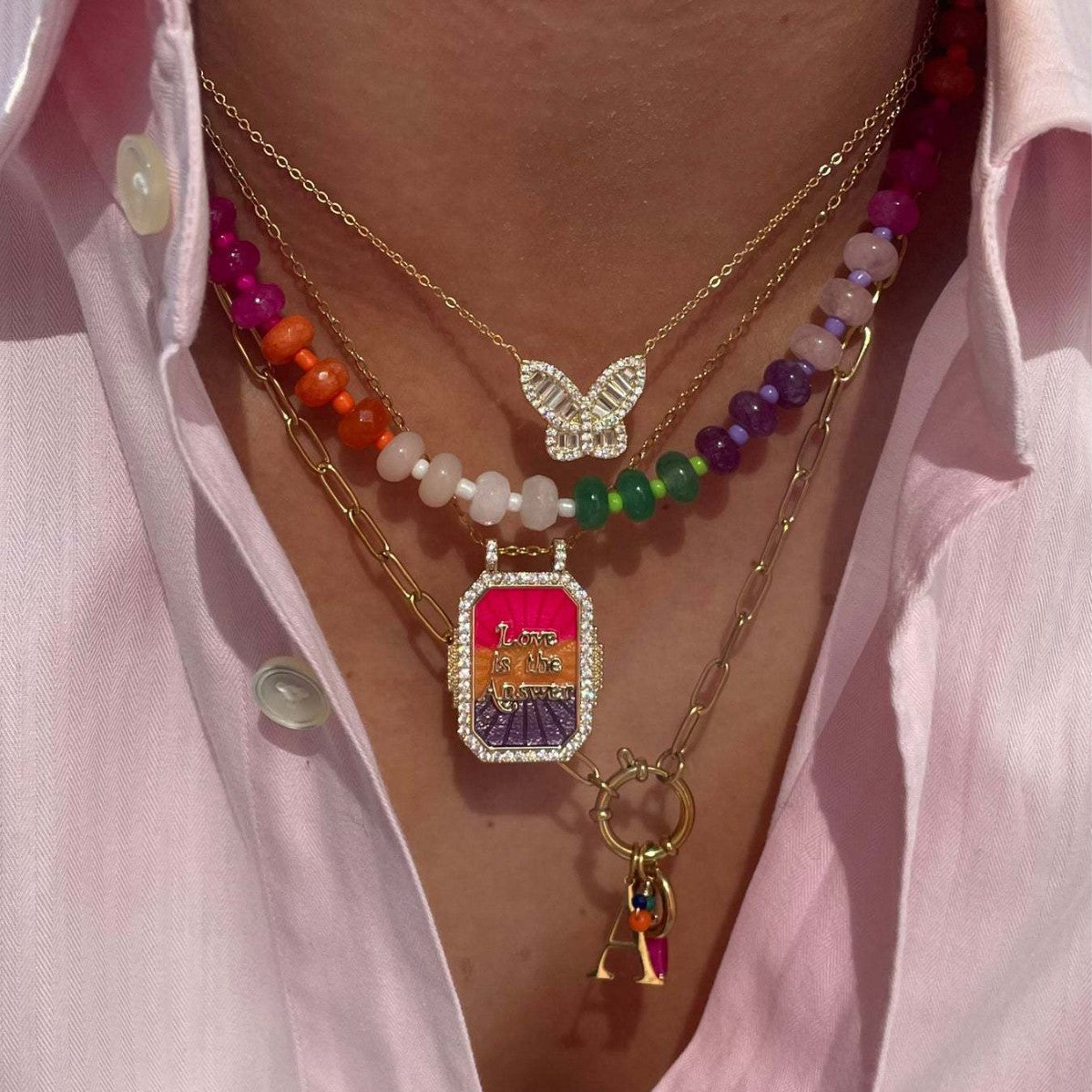 Collana Pendente Tarocchi Geometrica Vintage con Intarsio di Strass e Catena in Rame Placcato Oro