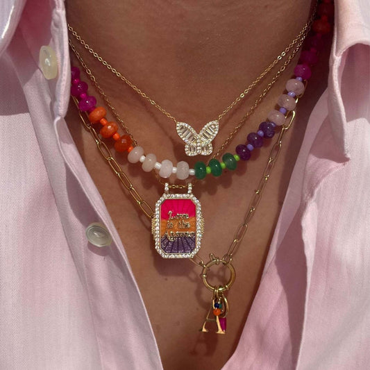 Vintage Geometric Tarot Pendant Necklace with Rhinestone Inlay and Gold Plated Copper Chain