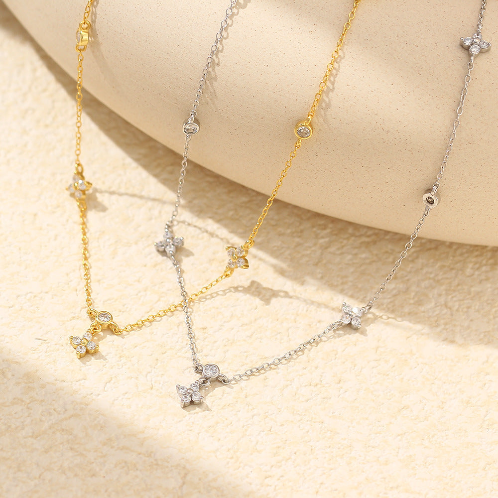 Sweet Streetwear 925 Sterling Silver Floral Rhinestone Inlay Necklace with Curb Chain for Women